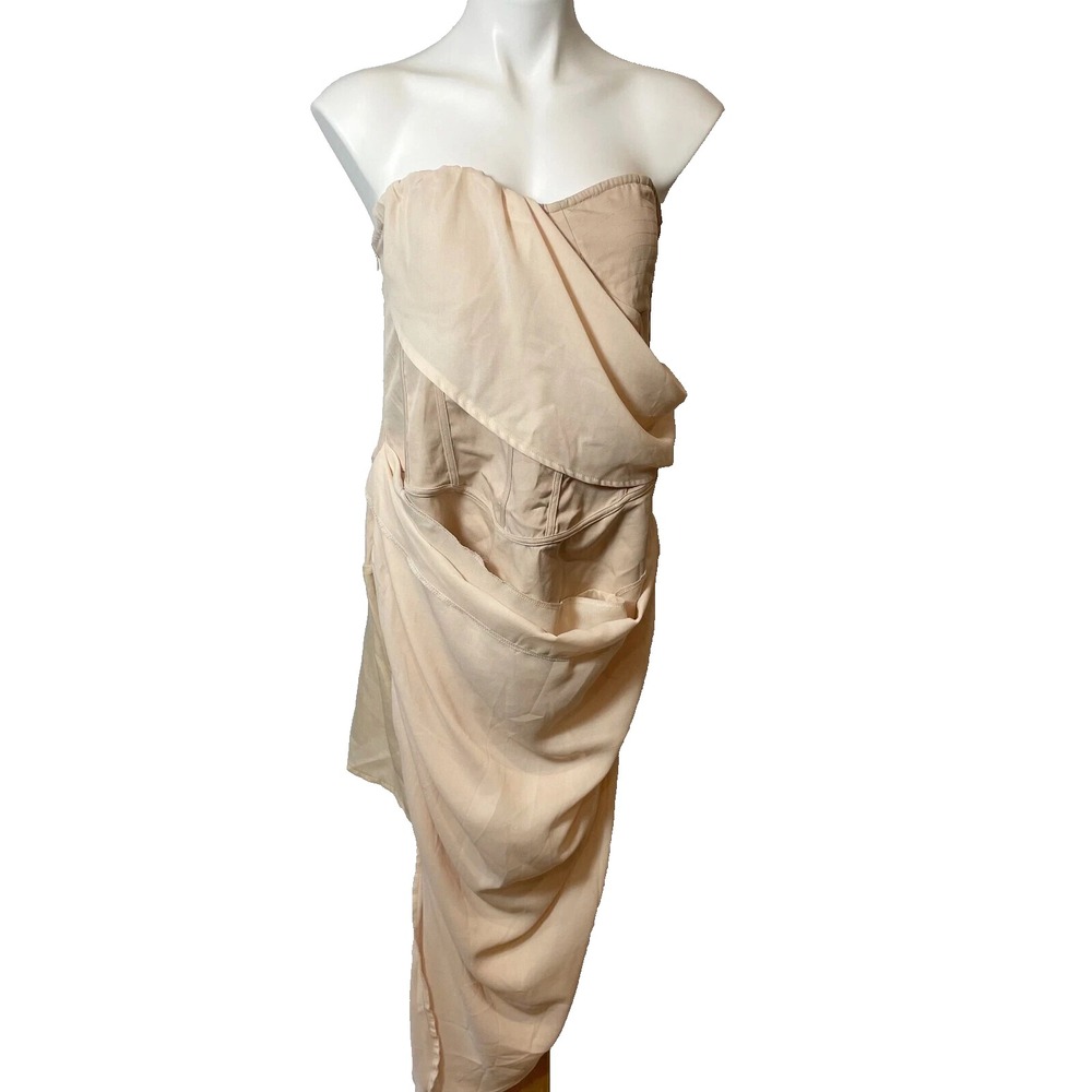 NEW PrettyLittleThing Plus Nude Cup Chiffon Drape Bodycon Dress Womens‎ 16 Beige
